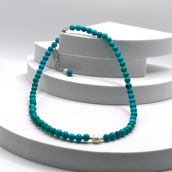 Genuine Turquoise & Freshwater Pearl Necklace - Picture 2 of 10